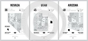 Highly detailed vector silhouettes of US state maps, Division United States into counties, political and geographic subdivisions