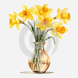 Highly Detailed Watercolor Daffodil Clipart In Vase