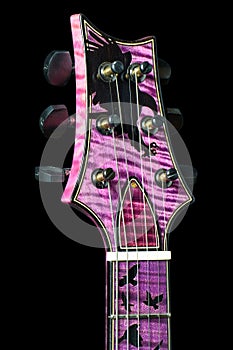 Highly Figured Purple Burst Electric Guitar Headstock - Flamed Maple Ebony Eagle Right angle photo