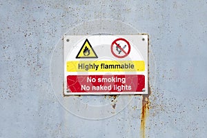 Highly flammable no smoking no naked lights danger sign