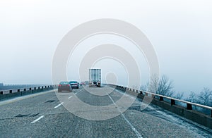 Highly foggy highway safety fens semi truck trailer cars auto dr