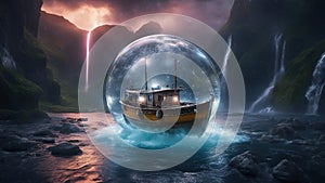 highly intricately detailed During a heavy storm with rain a fishing boat inside a crystal ball waterfall