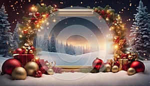 highly intricately detailed photograph of Christmas frame of spruce, red & gold christmas decoration
