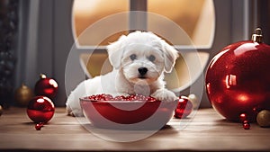 highly intricately detailed photograph of Cute Bichon Havanese puppy dog is lying beside a red bowl