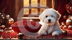 highly intricately detailed photograph of Cute Bichon Havanese puppy dog is lying beside a red bowl