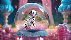 highly intricately detailed photograph of A funny little Dalmatian puppy in a snow globe