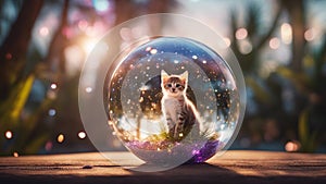 highly intricately detailed photograph of Kitten on grass and flowers inside a crystal orb