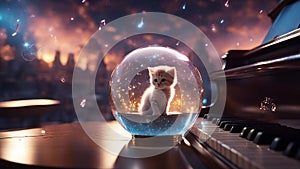 highly intricately detailed photograph of Little kitten walking on piano keys inside a glass orb