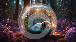 highly intricately detailed photograph of Sleeping newborn baby alongside a dachshund puppy inside a snow globe