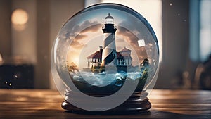 highly intricately detailed photograph of St. Augustine Lighthouse inside a glass ball