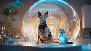 highly intricately detailed of Vet examining dog and cat. Puppy and kitten at veterinarian clinic in front of giant bubble