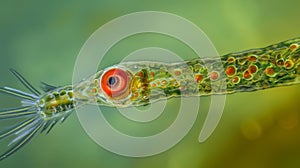 A highly magnified image of a euglena a flagellated protozoan with a prominent red eyespot and a long whiplike tail for