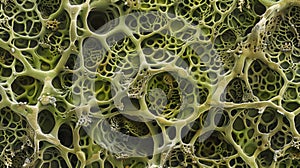 A highly magnified image of a fungal mat resembling a dense forest floor. The mats are formed by the interweaving of