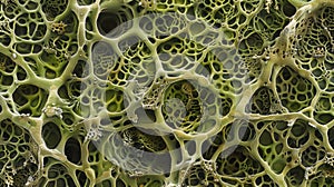 A highly magnified image of a fungal mat resembling a dense forest floor. The mats are formed by the interweaving of photo