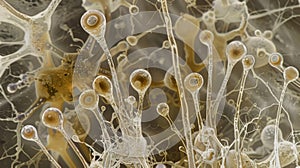 A highly magnified image of individual hyphae showcasing the unique shapes and sizes of these microscopic structures and