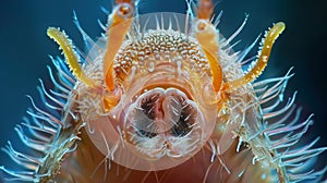A highly magnified image of a nematodes head showcasing the complexity of its sensory system. The round mouthlike