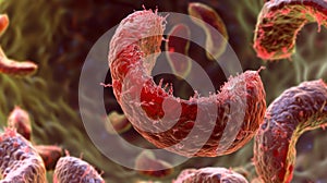 A highly magnified image of a sickle cell the abnormal shape indicative of a genetic disorder that can impact the photo