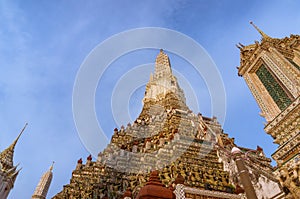 Highly ornated decorated temple building, prang of Wat Arun