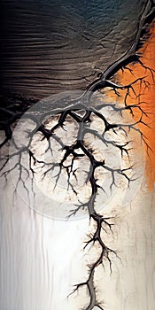 Closeup Painting of a Tree: Black, Orange, and White Colors with Cracked Ground