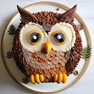 Highly Realistic 3d Owl Face Cake With Detailed Foliage Design