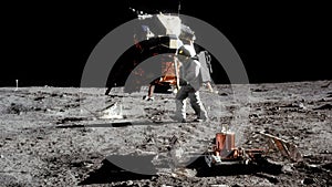 Highly realistic animation of an astronaut walking on the moon.