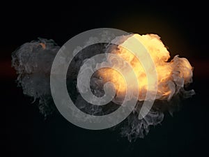 Highly realistic giant fire explosion with dark smoke. Abstract design background. 3d rendering digital illustration