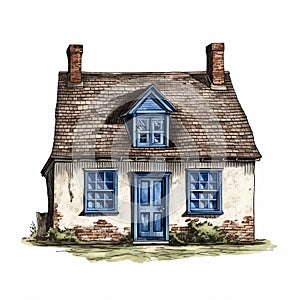 Highly Realistic Illustration Of A Charming Old Timey Blue Door House