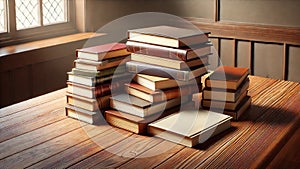Stack of Books on Wooden Table in Cozy, Inviting Setting