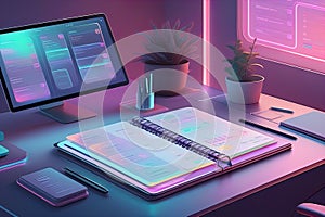 Highly rendering of office table with computer, tablet and notepad