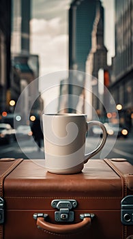 A highly stylized, cinematic keyframe featuring a plain, ceramic coffee mug mockup