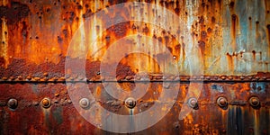Highly textured rusted metal panel with rivets showing extensive corrosion and patina. Generative AI