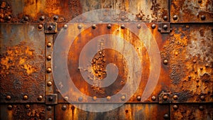 Highly textured rusty metal panel background with rivets. Generative AI