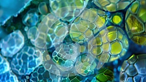 Through a highpowered microscope we can see the intricate patterns and varying shades of blue and green pigments found