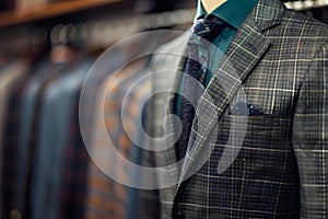 Concept Highquality stock photo of a man in a classic suit in a luxury boutique fitting room photo