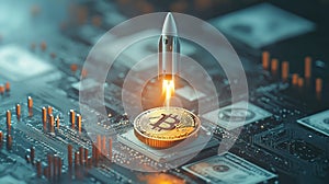 Highresolution 3D Bitcoin rocket vs Dollar in space