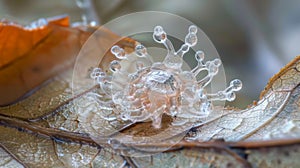 A highresolution image of a conidium spore settled on the surface of a leaf. The spore is surrounded by a halo of tiny