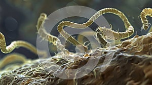 A highresolution image of a group of nematodes grazing on a patch of bacteria their delicate bodies intertwining as they