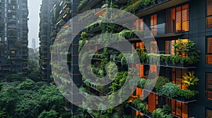 Highrise building adorned with lush plants on windows and balconies