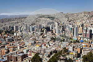 Highrise buildings dominate the spectacular La Paz skyline in Bolivia. photo