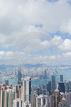 Highrise modern buildings with blue sky in the city at Victoria`s Peak, Hong Kong