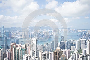 Highrise modern buildings with blue sky in the city at Victoria`s Peak, Hong Kong