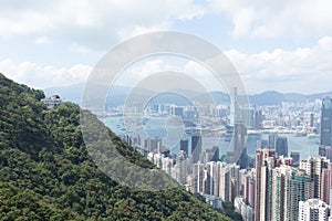 Highrise modern buildings with blue sky in the city at Victoria`s Peak, Hong Kong