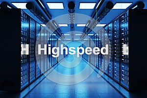 Highspeed logo in large modern data center with multiple rows of network internet server racks, 3D Illustration