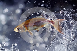 highspeed photo of a fish jump with water crystals