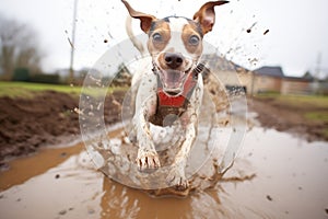 highspeed shot of mud splashing as dog runs through puddle