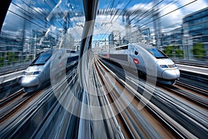 High Speed Train Reflected in Window at City Station