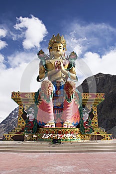 Hight 32 metre colorful and beauty statue of Maitreya Buddha near Diskit Monastery at Leh Ladakh in Jammu and Kashmir, India