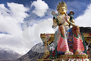 Hight 32 metre colorful and beauty statue of Maitreya Buddha near Diskit Monastery at Leh Ladakh in Jammu and Kashmir, India