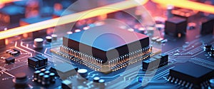 HighTech Circuit Board CloseUp With Central Processing Unit and Glowing Elements.
