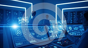 Hightech control room with digital interfaces and data analysis on multiple screens